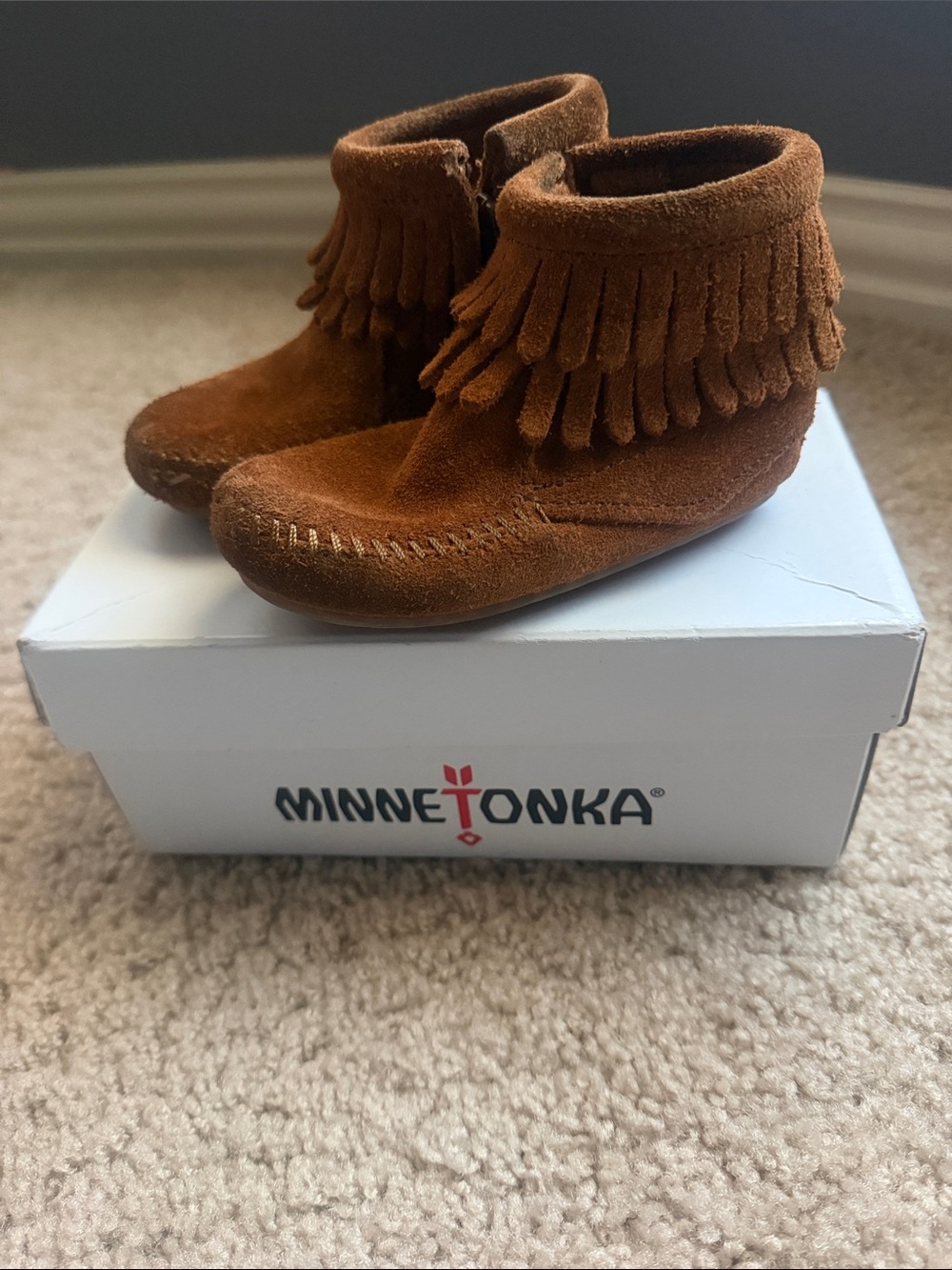 Minnetonka Infants Brown Suede Fringe Moccasins Booties